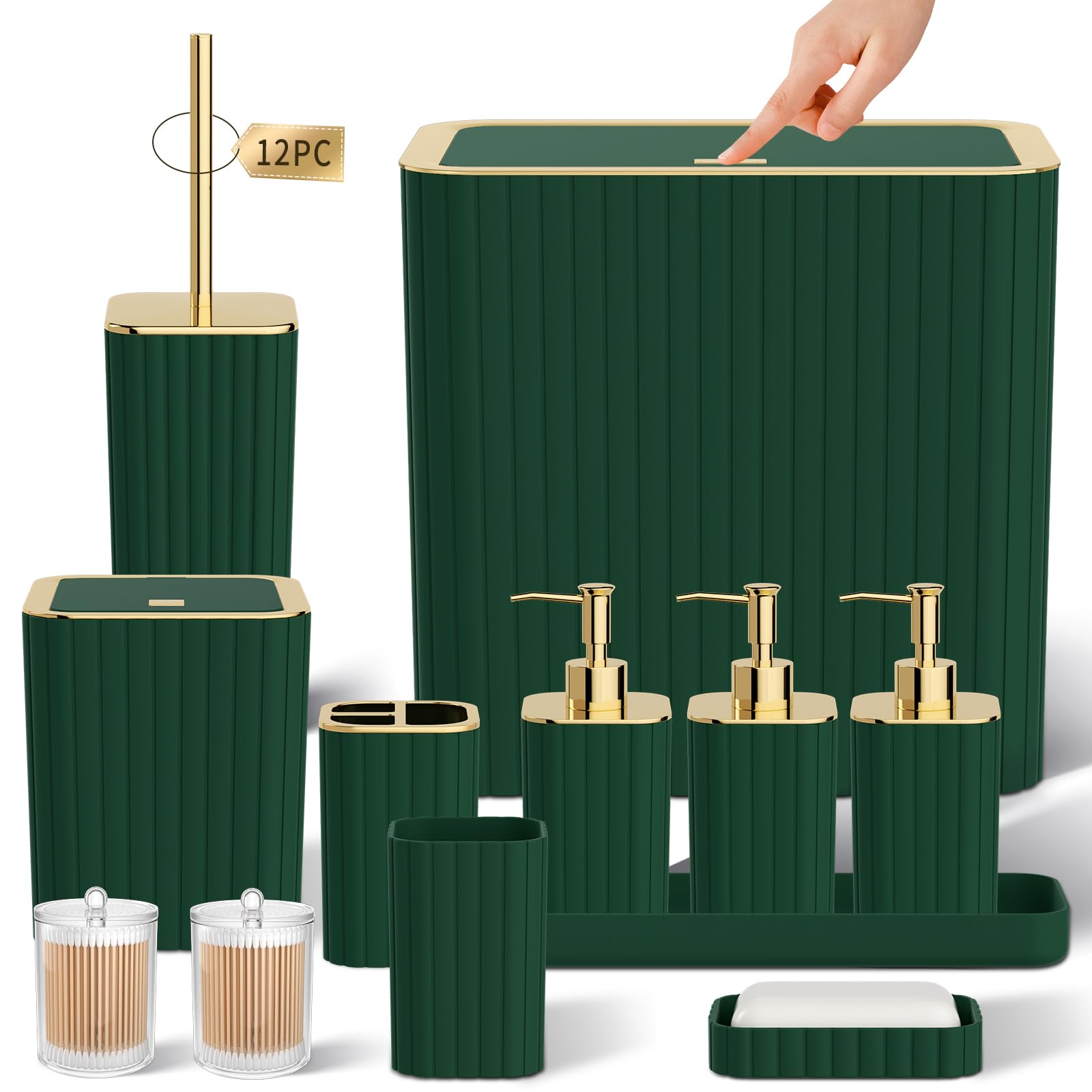 InnJoey Bathroom Accessory Set - Bathroom Set, 12PC Bathroom Accessories Set, Dark Green Bathroom Accessories Set, Mini Trash Can, Toilet Brush, Trash Can & Soap Dispenser