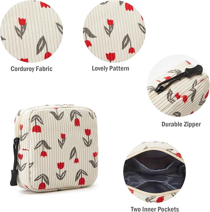 ZOEMTIU Small Makeup Bag for Purse,Mini Cosmetics Bag cute Zipper corduroy Cosmetic Pouch Storage Pouch Travel Toiletry Organizer for Women Girls(Tulip Red)