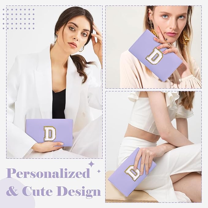 Personalized Makeup Bag Initial A-Z Preppy Patch Bag,Small PU Leather Travel Cosmetic Bag Pouch with Zipper,Purple Cute Toiletry Bag,Gift Ideal for Teen Girls Women Birthday Friend Mom,Latter D