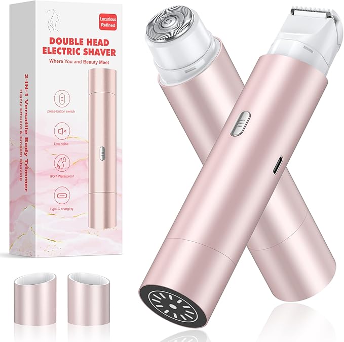 Bikini Trimmer for Women, Dual Head Face Shaver Body Hair Trimmmer, IPX7 Waterproof Womens Electric Razor for Legs, Rose Gold