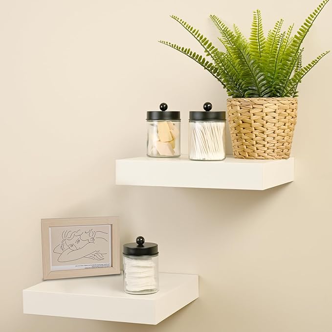SheeChung 2-Pack Qtip Holder Dispenser - Glass Apothecary Jars with Rust-Proof Stainless Steel Lids - Modern Farmhouse Bathroom Vanity Organizer for Cotton Swabs, Balls, Pads(Black)
