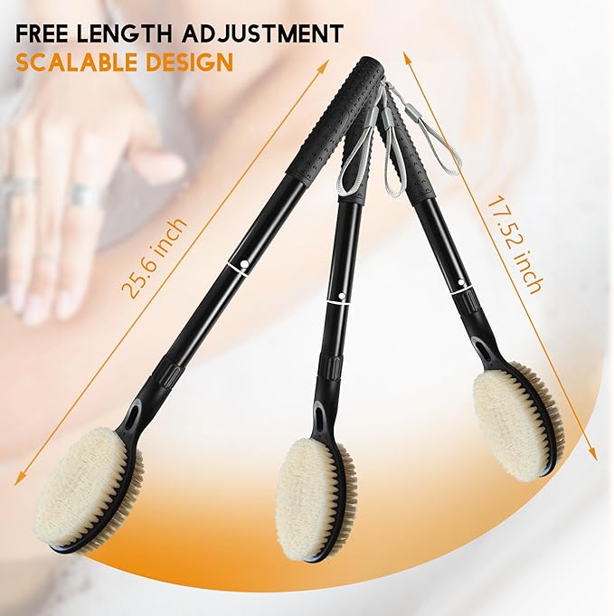 Back Scrubber with Soft and Stiff Bristles, 17''-25'' Long Handle Dual-Sided Shower Brush for Body for Deep Cleaning