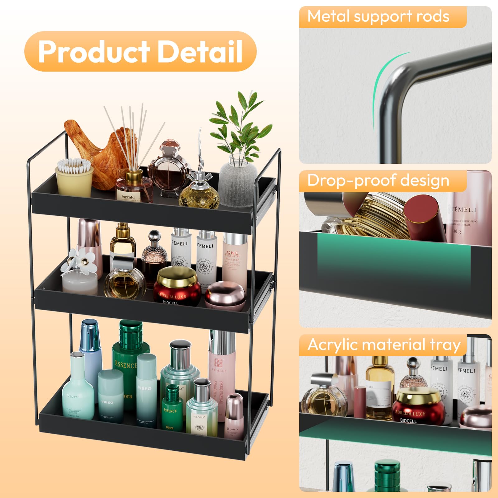 Bathroom Countertop Organizer, 3 Tier Metal Vanity Counter Skincare Shelf, Matte Black Under Sink Standing Rack With Acrylic Tray, Home Storage Holder For Lotion Makeup Cosmetics Perfume Spice