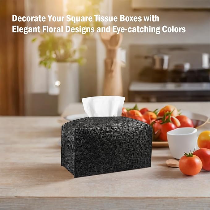 PARIERIS Tissue Box Cover PU Leather Tissue Holder Rectangle Facial Tissue Case Tissue Box Organizer Dispenser for Bathroom, Kitchen, Home, Office, Tabletop (Black, Tall)