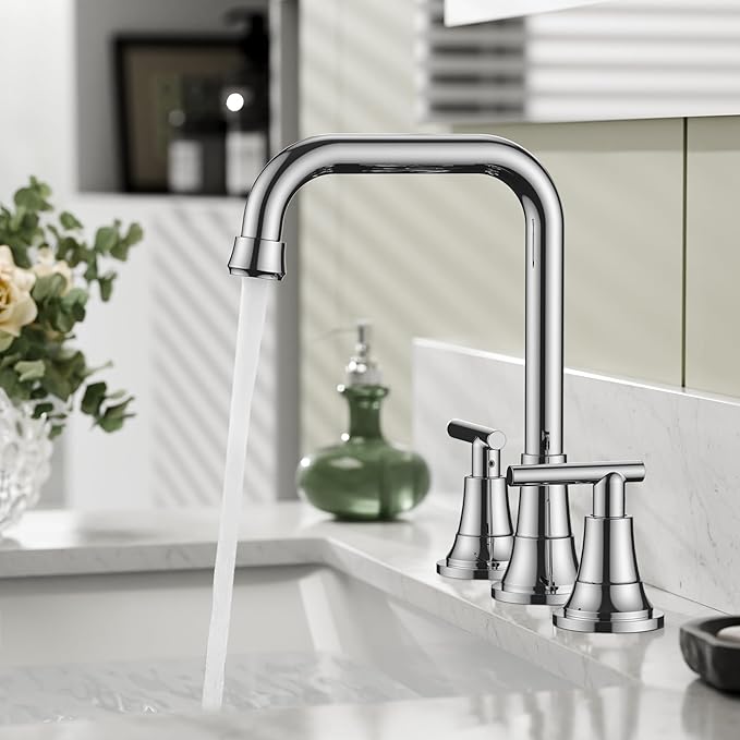 FORIOUS Widespread Bathroom Faucets Polished Chrome, 3 Hole Faucet for Bathroom Sink with Pop Up Drain for 8 Inch Vanity RV Camper Lavatory Sink