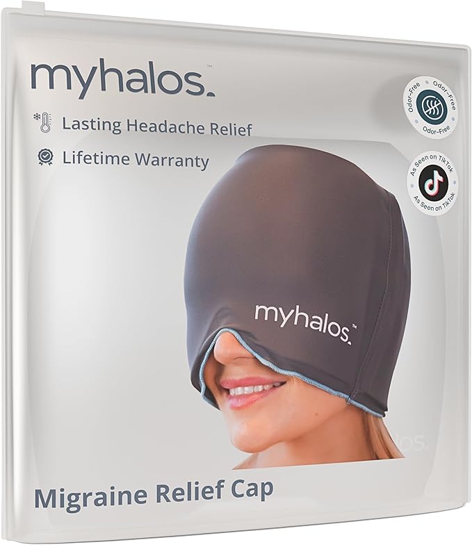 MyHalos® Migraine Relief Cap,30% Thicker,2X More Cooling Gel -Stays Colder for Longer, Ice Hat, Ice Pack Head Wrap, Cold Headaches & Migraine Mask - Tension Headache Relief Cap (Gray) FSA|HSA Eligible