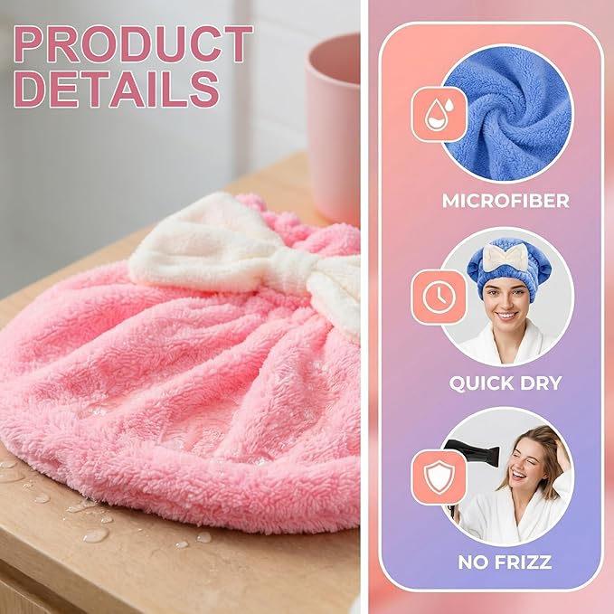 YALOJE 2 Pcs Hair Towel Wrap for Women, Microfiber Quick-Drying Hair Towel, Super Absorbent Soft Towel Wrap for Wet Hair Caps with Bow for Women Bathroom Bag- Pink, Blue
