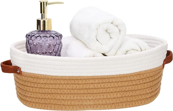 HLWDFLZ Bathroom Countertop Organizer Basket, Cotton Rope Woven Storage Basket Toilet Paper Decorative Basket for Bathroom, Bedroom, Living Room, Entryway 13"x6.3"x4.3" (Off White/Jute)