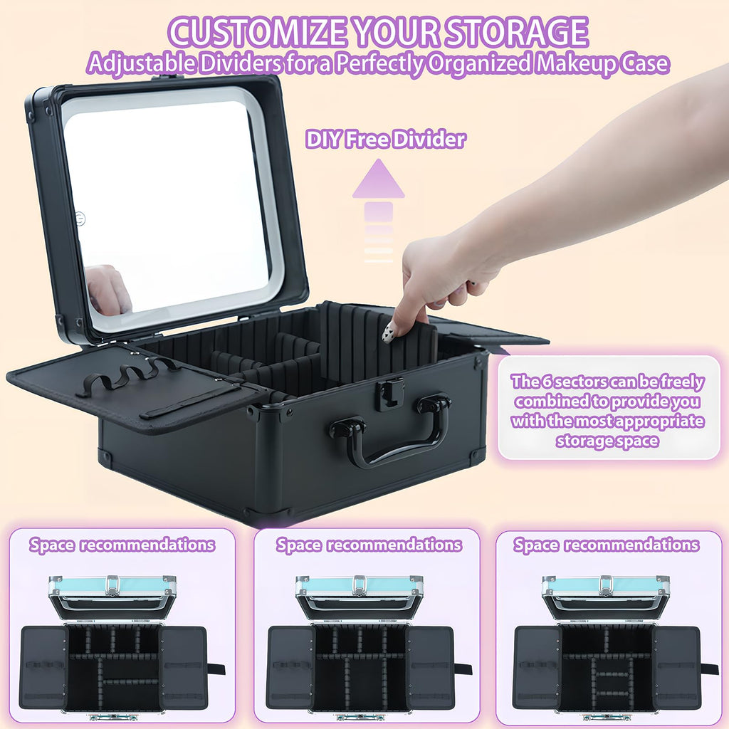 Unicorn Slumber Makeup Organizer Box with Detachable Lighted Mirror, Travel Train Cosmetic Case, Adjustable Divider Storage Bag, Portable Artist Storage Suitcase with Magnetic LED Mirror - Star White