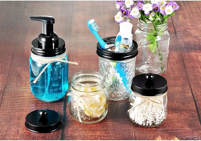 Amolliar Mason Jar Foaming Soap Dispenser, Rustproof Stainless Steel Lid,BPA Free Pump, Waterproof Labels, Rustic Farmhouse Decor, Refill Hand Soap Dispenser for Bathroom, Vanity, Kitchen, Countertop