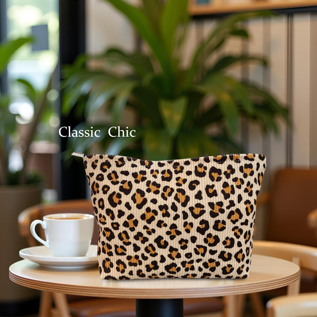 STARDW Corduroy Leopard Makeup Bag Organizer Cosmetic Bags for Women