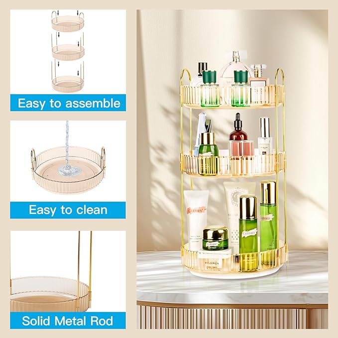 Niluks 360 Rotating Makeup Organizer - Large Capacity Spinning Perfume & Cosmetic Skincare Holder for Vanity & Countertop (Vibrant Orange, 3 Tier)