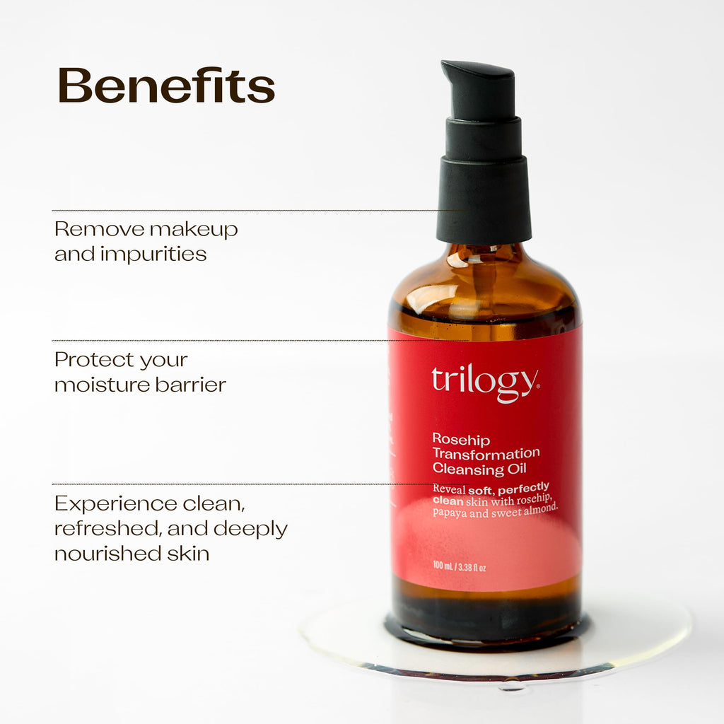 Trilogy Rosehip Transformation Cleansing Oil, Makeup Remover & Cleanser With Papaya & Sweet Almond, 3.38 fl oz