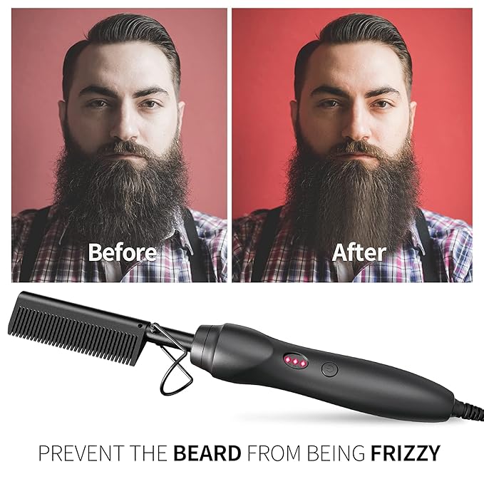 Electric Hot Comb Hair Straightener - Pressing Combs, Ceramic Hair Straightening Comb, Curling Iron for Natural Black Hair Men Beard or Holiday Gift - Black