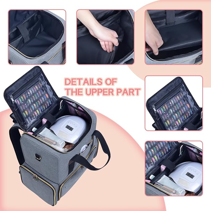 Nail Polish Organizer Backpack Holds 80 Bottles and a Nail Lamp Supplies with 2 Removable Cases Storage Bag Professional Travel Case for Manicurist (Grey)