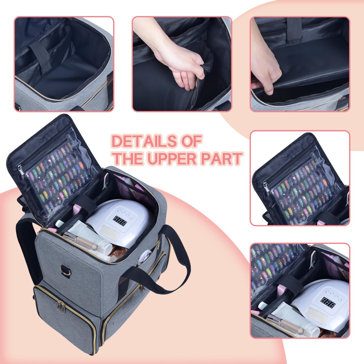 UOZL Nail Polish Organizer Holds 80 Bottles & Nail Art Lamp,Backpack Grey