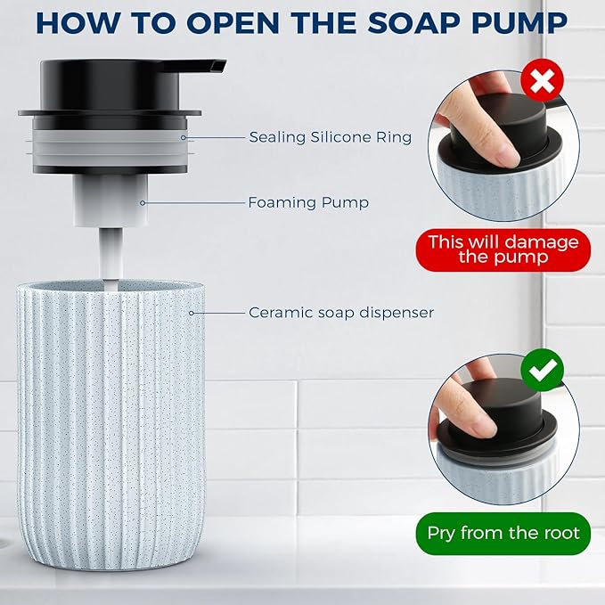POSOSTO Ceramic Foaming Hand Soap Dispenser，12 oz Bathroom Soap Dispensers， Lotion Dispenser for Kitchen, Refillable Matte Streaks Soap Dispenser with Large Pump (Blue)