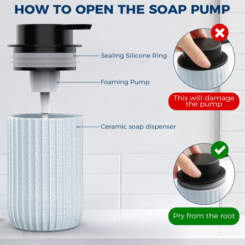 POSOSTO Ceramic Foaming Hand Soap Dispenser 2Pack，12 oz Bathroom Soap Dispensers， Lotion Dispenser for Kitchen, Refillable Matte Streaks Soap Dispenser with Large Pump (Blue-2Pack)