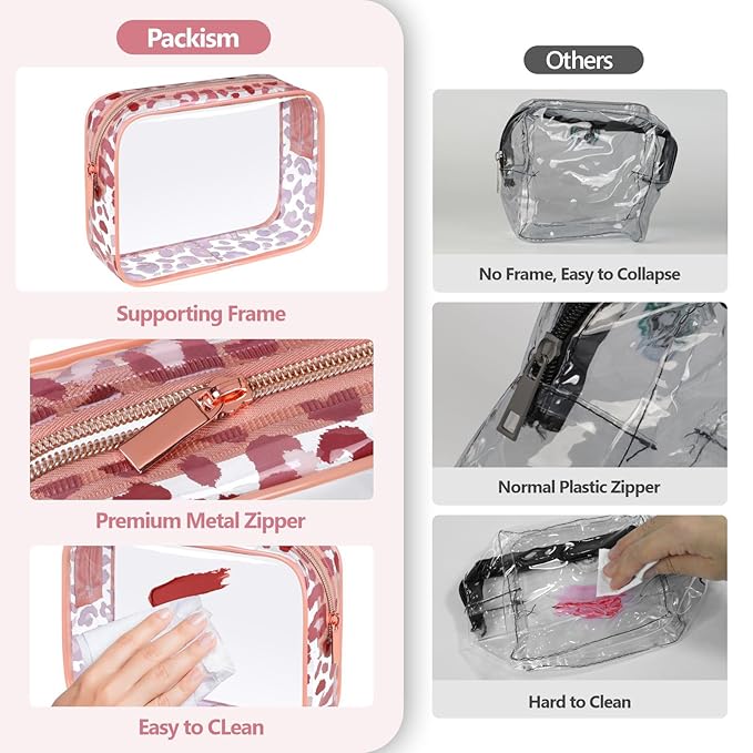 PACKISM TSA Approved Toiletry Bag - 3 Pack Leopard Print Clear Makeup Bag