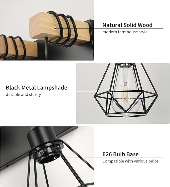 3-Light Farmhouse Vanity Light, Industrial Wood Bathroom Light Fixtures Over Mirror, Metal Lampshade for Bathroom, Hallway, Living Room