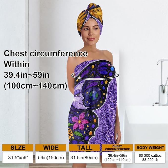 Women's Boho Butterfly Towel Wrap and Hair Drying Cap Set – Celestial Moon Sun Print Spa Wrap – Quick Dry Microfiber Bath Wrap for Dorm, Gift, Witchy Girls (Butterfly)