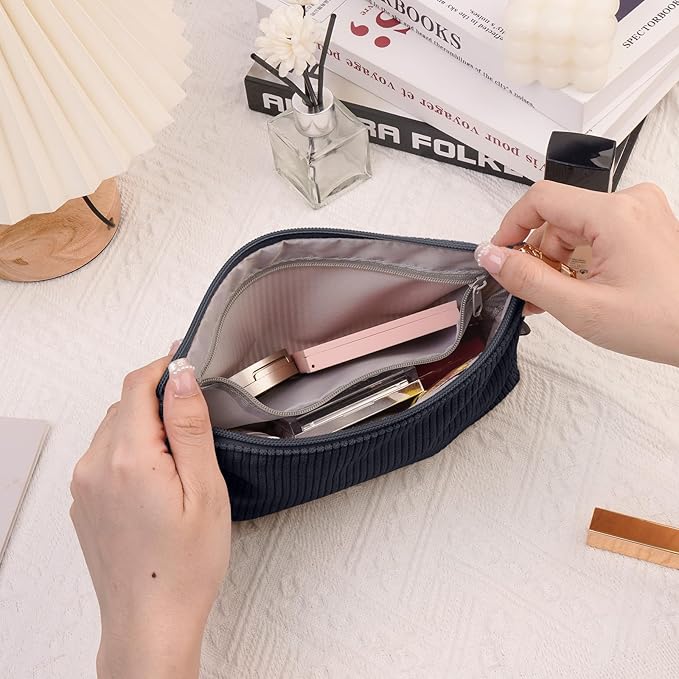 MAGEFY Small Makeup Bag for Purse Corduroy Makeup Bag with Inner Zipper Pockets Travel Cosmetic Bag for Women Preppy Stuff Gifts for Her, Black