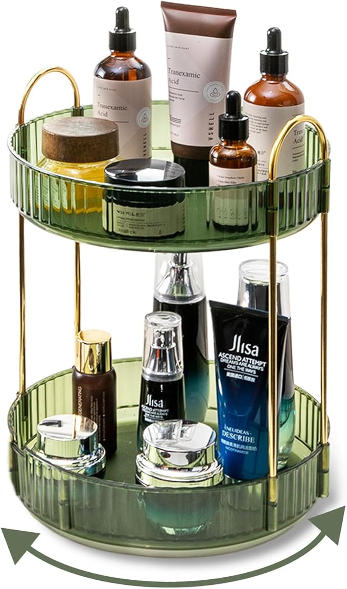 Asayuee 360 Rotating Makeup Organizer,2 Tier Large Capacity Make Up Organizers and Storage,Skincare Perfume Vanity Organizers,Bathroom Cosmetics Storage Organizer Countertop(Clear)