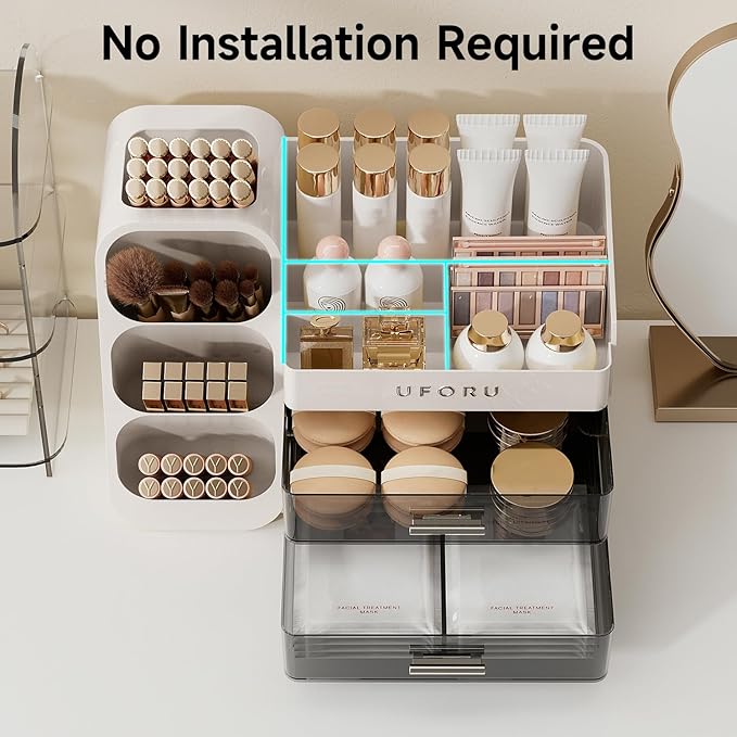 UFORU Makeup Organizer for Vanity with Brush Holder, Large Capacity Bathroom Countertop Skincare Organizer with 2 Drawers, Cosmetic Display Case for Perfumes, Eyeshadow Palettes, Nail Polishes