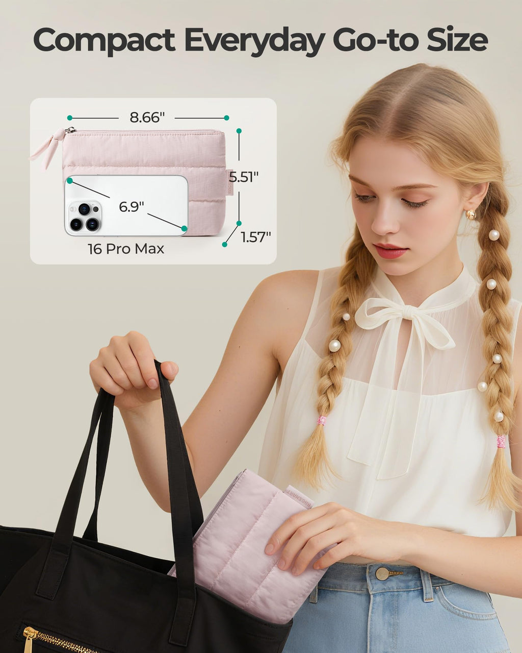 BAGSMART Small Makeup Bag, Machine Washable Puffy Cosmetic Pouch, Pink
