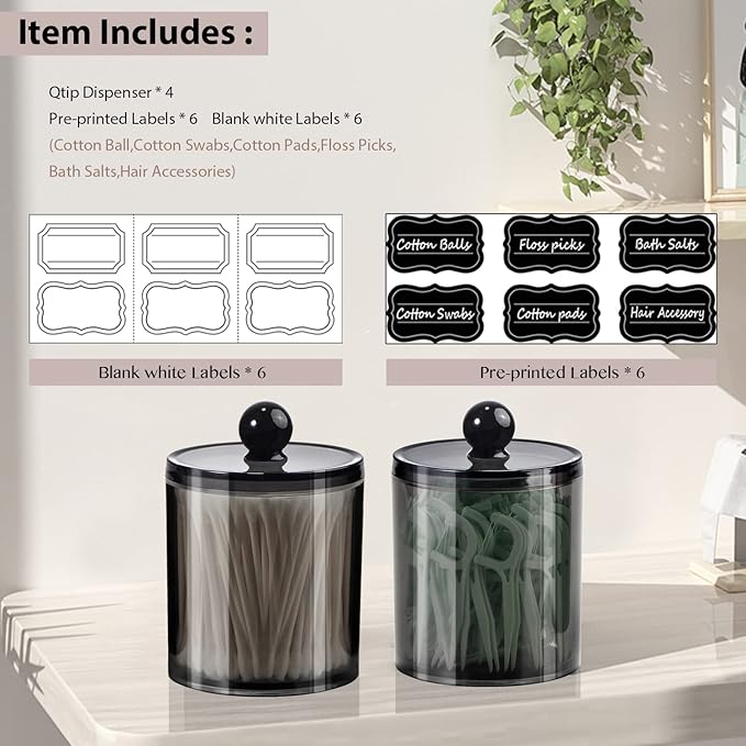 SheeChung Qtip Holder, Acrylic Apothecary Jars with Chalkboard Labels - Shatterproof Qtip Holder for Bathroom - Vanity Storage Canisters for Cotton Swabs,Balls,Floss Picks（4-Pack Black）