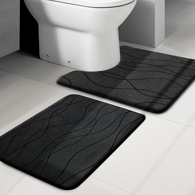 YIHOUSE Bathroom Rugs Set 2 Piece, Memory Foam Bath Mat Black