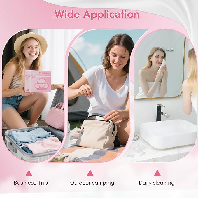 Classycoo XL Ticken Compressed Towel Tablets- 100% Cotton Face Towel, 30 PCS Individually Wrapped Portable, Travel Mini Soft Washcloth, Camping, Facial Makeup, Gift, Pink 12x10 Inches
