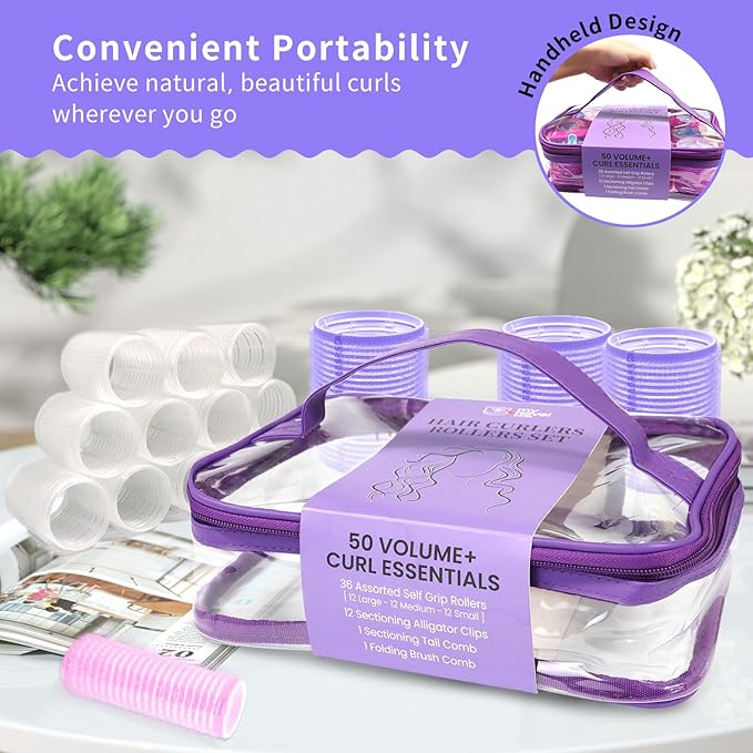 Hair Rollers Large Small 50PCS Set, 36PC Large Medium Hair Rollers for Volume Curlers with 12PC Clips 1 Tail Comb 1 Folding Comb for Short Medium Blowout Look Long Hair Gift for Women