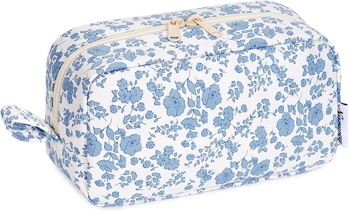 Narwey Cute Makeup Bag Small Toiletry Bag Travel Cosmetic Bag Organizer Make Up Bags with Organized Pockets for Women (Blue Flower, Large)