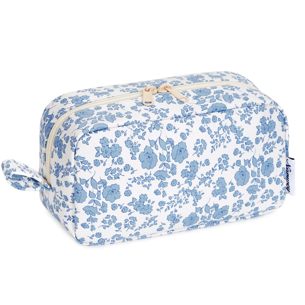 Narwey Cute Makeup Bag Small Toiletry Bag Travel Cosmetic Bag Organizer Make Up Bags with Organized Pockets for Women (Blue Flower, Large)