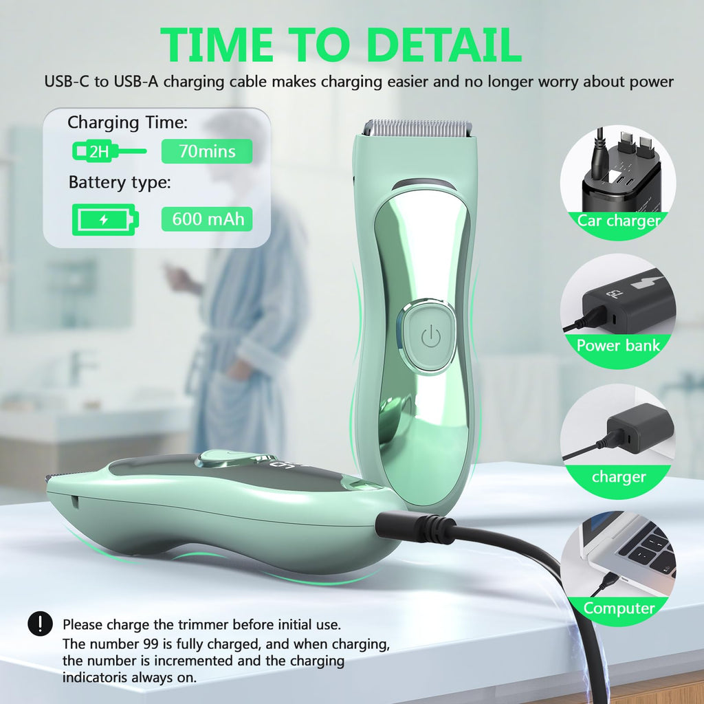 LAJCAEN Body Hair Trimmer with Ceramic Blade, Multipurpose Hair Trimmer with 3 Guide Combs for Boby Hair/Hair/Beard, Wet & Dry, Travel Lock, for Family Woman & Man, Green