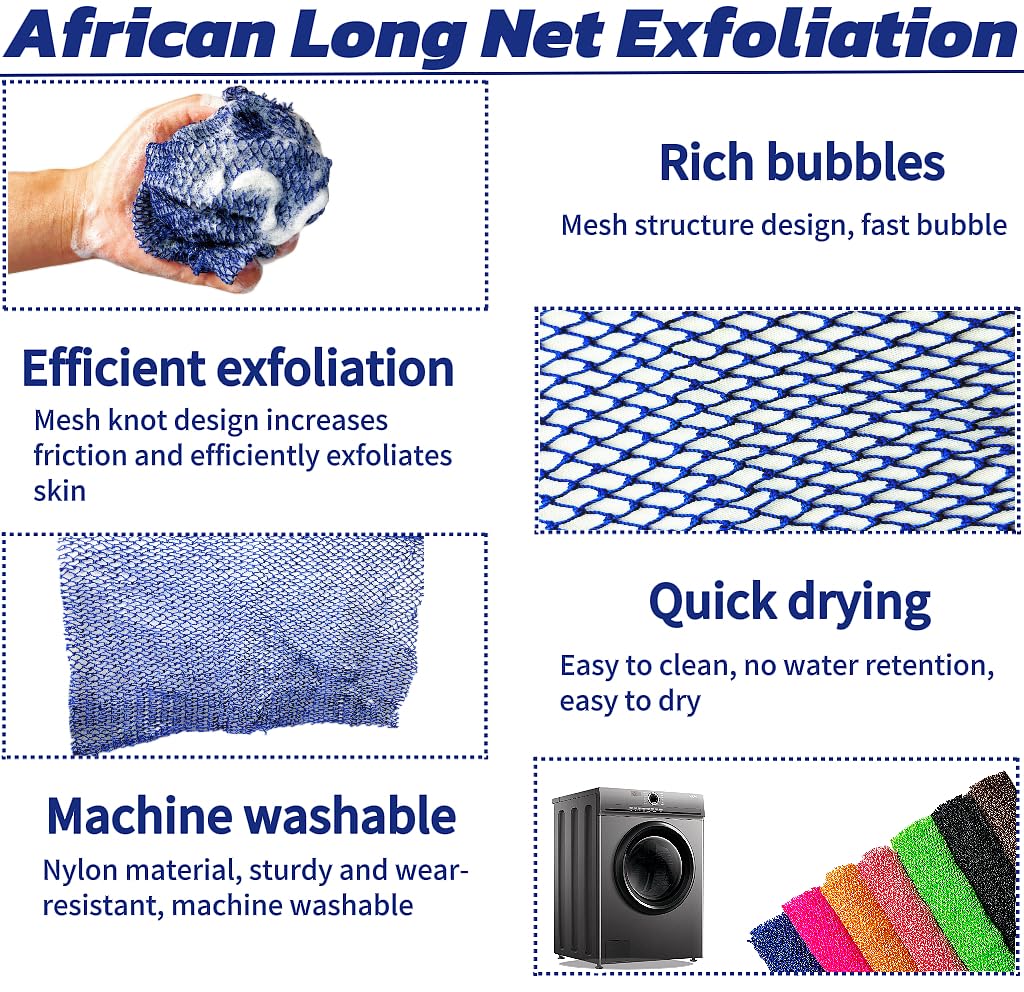 SPMKTBOZAI African Net Sponge Authentic, African Exfoliating Sponge Real African Net Black Owned, African Bath Sponge Back Scrubber, Body Exfoliator Shower Bath Accessories (Blue)