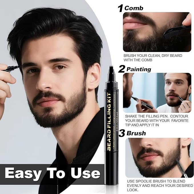 3 PCS Beard Pen Filler for Men - Black 4 Tip Pen for Natural Looking Appearance - 2 Fillers & 1 Double Head Brush - Waterproof Four Fork Eyebrow Pencil Eyeliner (Black)