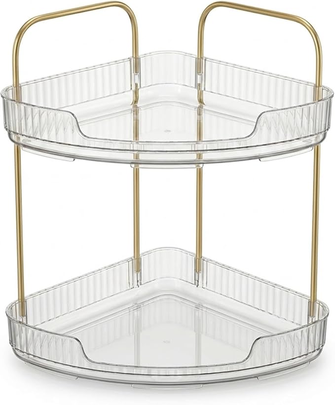 2-Tier Acrylic Corner Bathroom Organizer with Handle – Round Skincare & Makeup Storage Tray, Waterproof, Lightweight, Heat Resistant Vanity Shelf for Countertop, Kitchen, Bedroom, Dresser