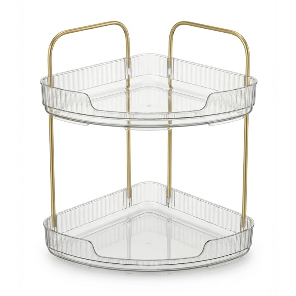 2-Tier Acrylic Corner Bathroom Organizer, 9" x 9" x 11" Large Round Countertop Shelf with Handle, Clear Acrylic Skincare & Makeup Storage Tray, Waterproof Vanity Organizer for Kitchen & Dresser