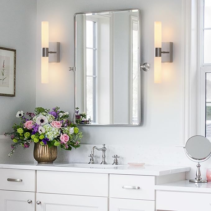 Wall Sconces Set of Two Brushed Nickel Bathroom Sconces Wall Decor Set of 2 Modern Wall Light Fixtures Metal Sconces Wall Lighting with Frosted Glass Shade Wall Mounted Lamp