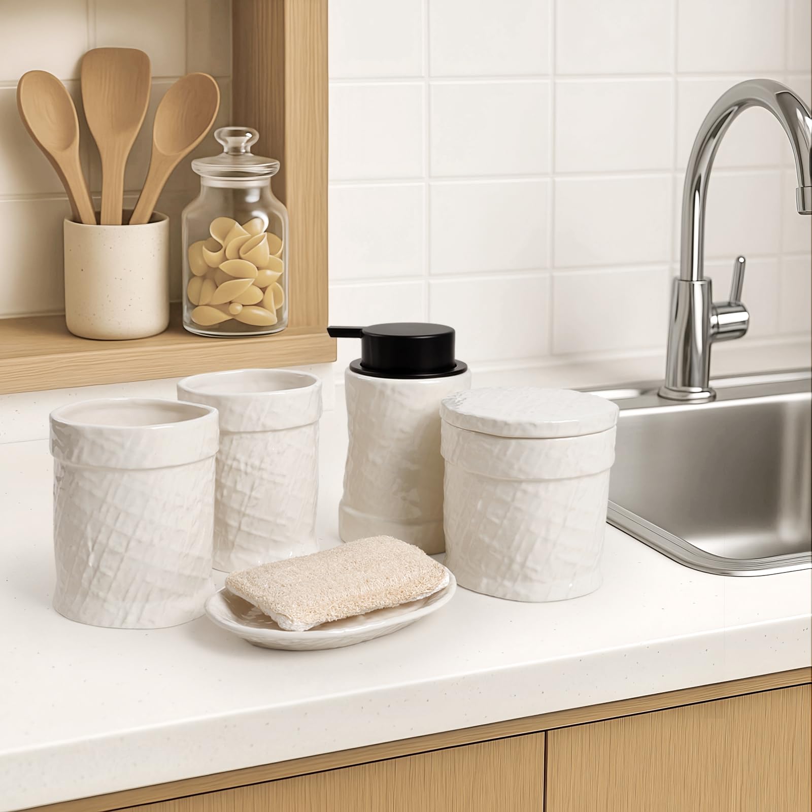 White Bathroom Accessory Set 5PCS, Ceramic Bathroom Accessories Set, Minimalist Textured Design Liquid Soap Dispenser Set Complete, Home Bathroom Decor Vanity Countertop, ANTIS'S HOME