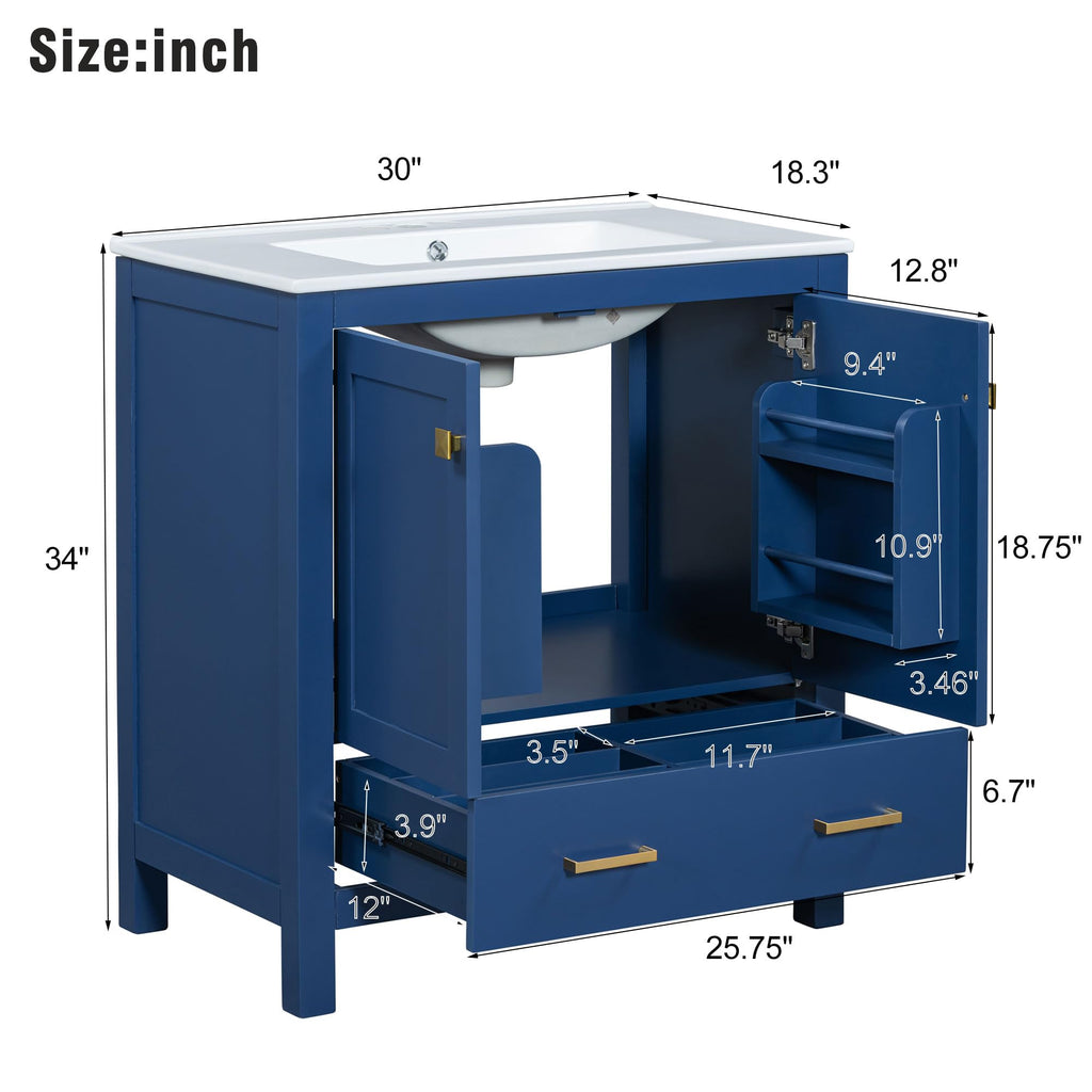 Bellemave 30" Bathroom Vanity with Sink Combo Set, Solid Wood Frame Bathroom Storage Cabinet with a Drawer, 2 Soft Closing Cabinet Doors with Organizer, Blue
