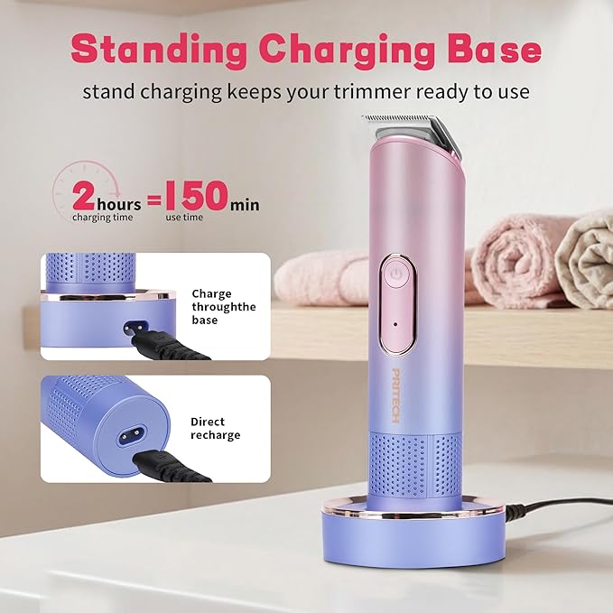 PRITECH Pubic Hair Trimmer Women - Rechargeable Bikini Trimmer for Women Sensitive Skin, Wet & Dry Use, Pain-Free Electric Razor&Shaver with Standing Recharge Dock, Ideal Gift