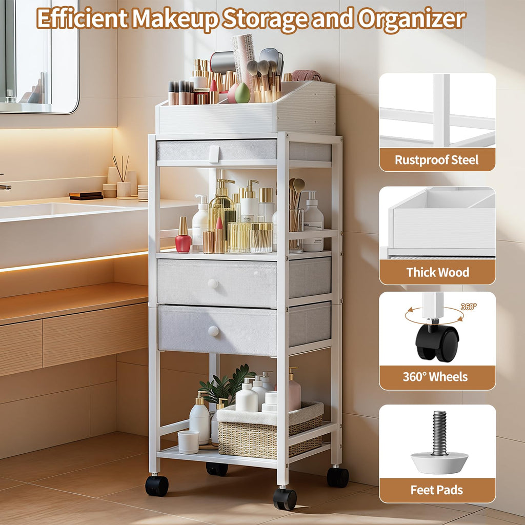 Luxspire Makeup Organizer Cart, Makeup Storage with Drawers, White