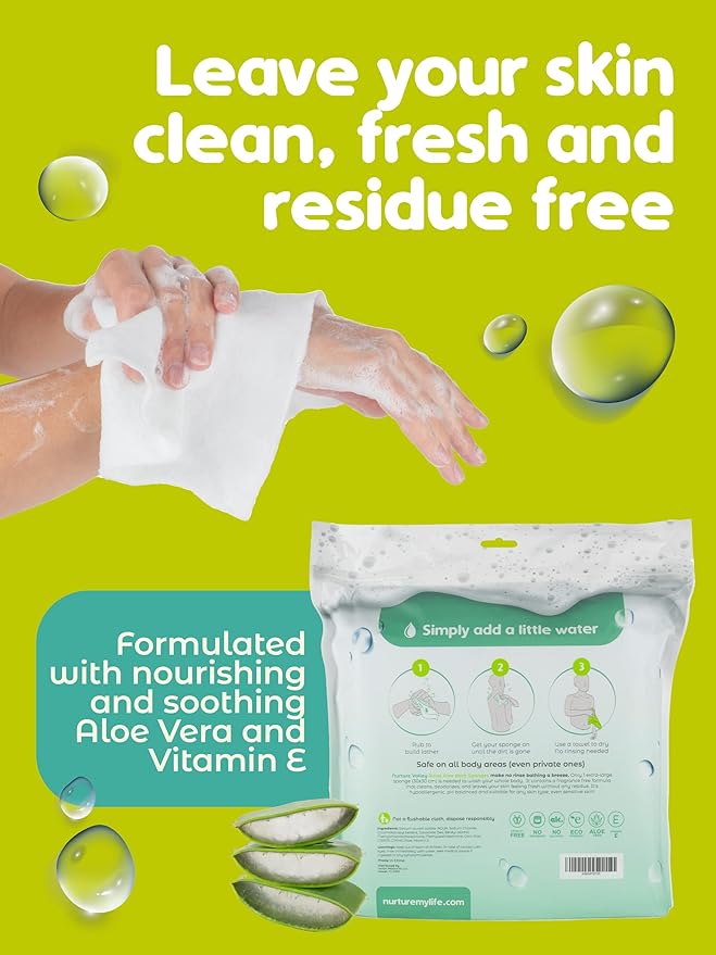 Nurture Valley Sponge Bath Wipes Large Disposable Wash Cloths Adults 30Pack