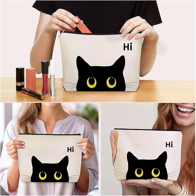 Girlly Black Cat Makeup Bag For Cat Mom Gift: Cute Kitty Cosmetic & Toiletry Pouch For Girls & Womens, Sisters, Friends.Ideal Black Cat Lover Gifts for Travel, Birthday, Christmas.