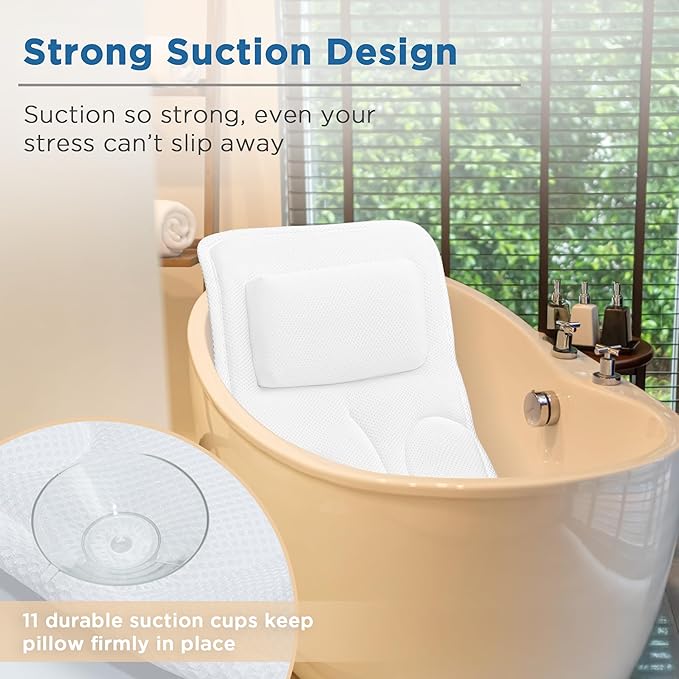 Full Body Bath Pillow for Tub, Extra Thick 4D Air Mesh & Quick-Dry Spa Pillow for Head Neck and Beck Support, Non-Slip Suction Cups Fits All Tubs - Luxury Bath Accessories for Relaxation (White)