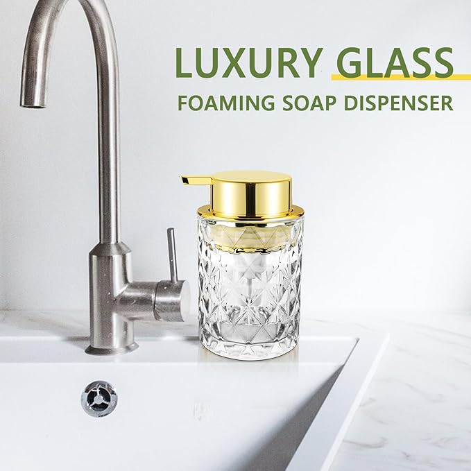 Glass Foaming Soap Dispenser Refillable Foaming Hand Soap Dispenser with Gold Large Pump Wide Opening for Bathroom Kitchen Countertop Modern Home Decor with Elegant Pattern - Clear