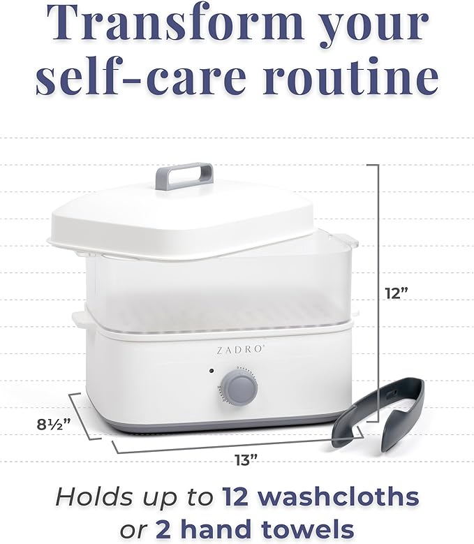 Zadro Towel Steamer with Tongs, 850W Heater, 8L Tray, 1.7L Tank, 30-min Timer for Facials, Manicures, Pedicures, Shaving (13"x12", 120V/850W, 8L, Chocolate)